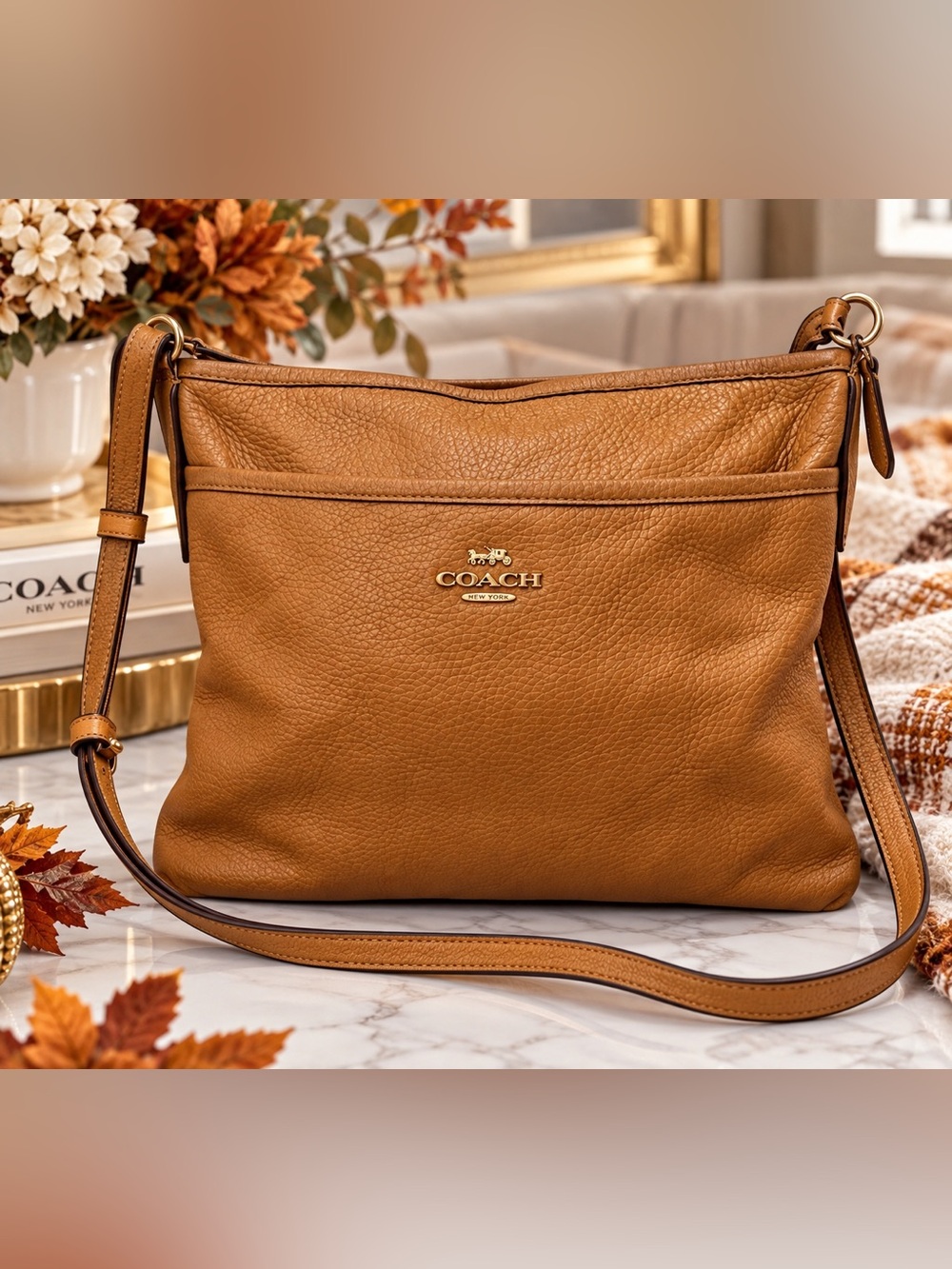 COACH Pebbled Leather Crossbody Bag in Cognac Brown